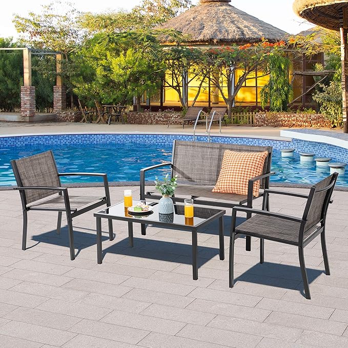 Vongrasig 4 Piece Outdoor Patio Furniture Sets, Modern Textilene Bistro Set Patio Conversation Set with Loveseat, Glass Tea Table for Home Lawn Balcony Porch Backyard(Brown)
