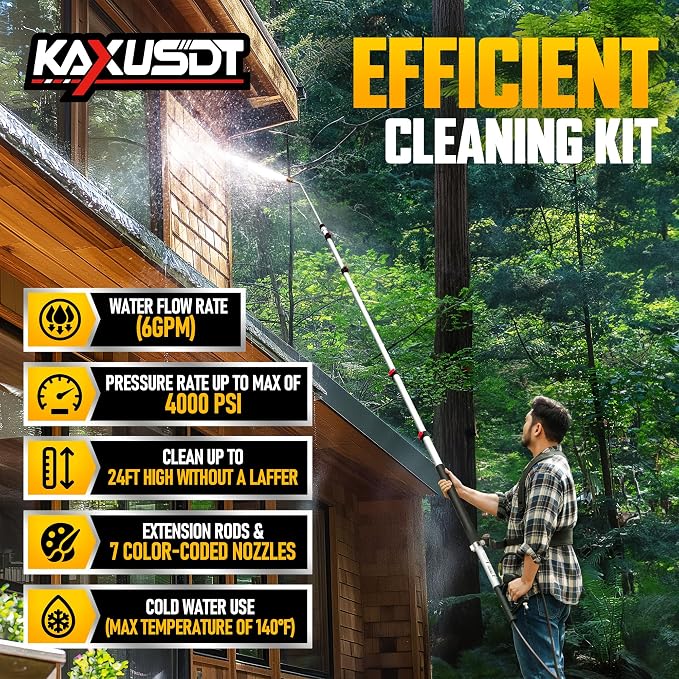 24 FT Pressure Washer Extension Wand, Power Washer Extension Wand with Gutter Cleaner Tools, Brush Head, 7 Spray Nozzle Tips, Support Belt and 2 Hose Adapters, Easy Cleaning from Ground