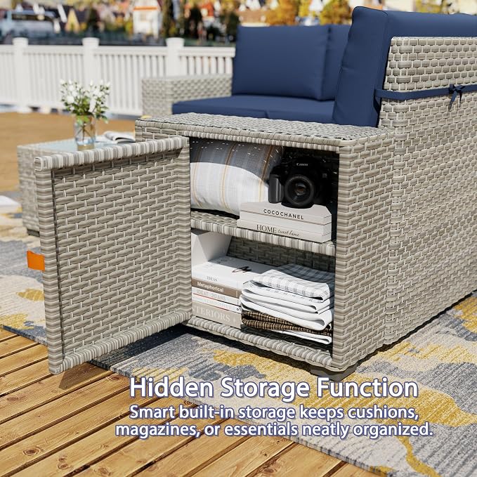7 Piece Patio Furniture Set with 50,000 BTU Rattan Fire Pit Table that Converts to Coffee Table, 9.8" Wide Arm Sectional Sofa with Storage Armrests, Outdoor Rattan Conversation Set, Blue