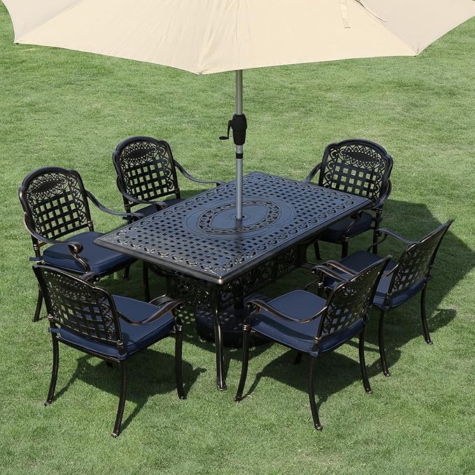 VIVIJASON 7-Piece Patio Furniture Dining Set, All-Weather Cast Aluminum Outdoor Conversation Set, Include 6 Cushioned Chairs and a Rectangle Table with Umbrella Hole, Navy Blue Cushion