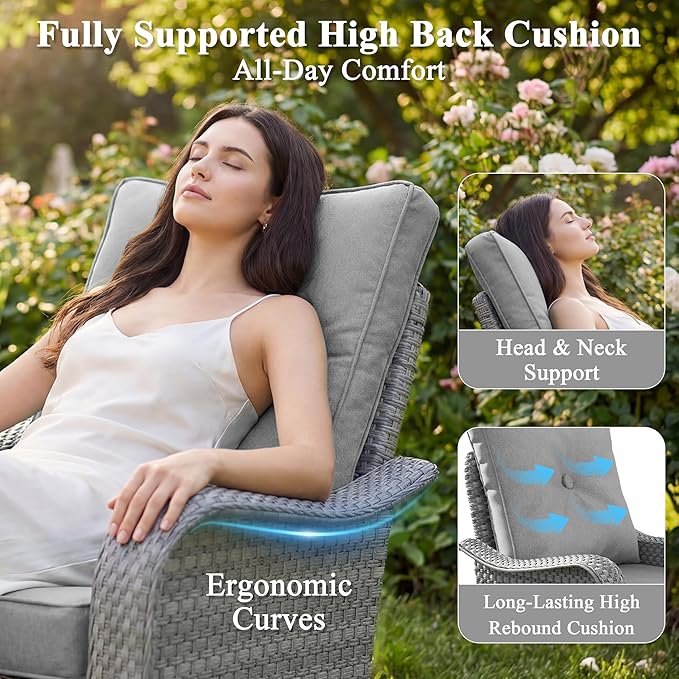 3 Piece Wicker Patio Furniture Set, Swivel Rocking Chairs with 4''Cushions, PE Rattan, Rust Resistant Frame, Double Layer Glass Side Table, for Backyard, Deck or Balcony, Grey