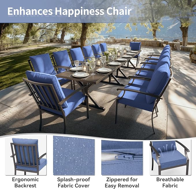 Kullavik 16 Pieces Outdoor Dining Set,Patio Dining Table and Chairs Set for 14,Fence Pattern Back Chairs with Thickened Cushions & X-Frame Metal Dining Table with Umbrella Hole for Patio,Navy Blue