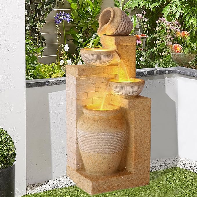 Water Fountain Outdoor, Modern Water Feature with LED Lights, 4-Tier Cascading Resin Waterfall Fountain, 32" Large Garden Fountains for Yard, Deck, Patio, Porch (Yellow)