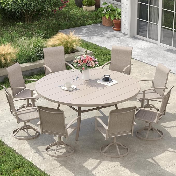 VICLLAX Outdoor Table and Chairs Set for 8, Patio Dining Set of 60" Metal Round Patio Table with Umbrella Hole & 8 Swivel Outdoor Dining Chairs for Backyard Lawn, Sandshell