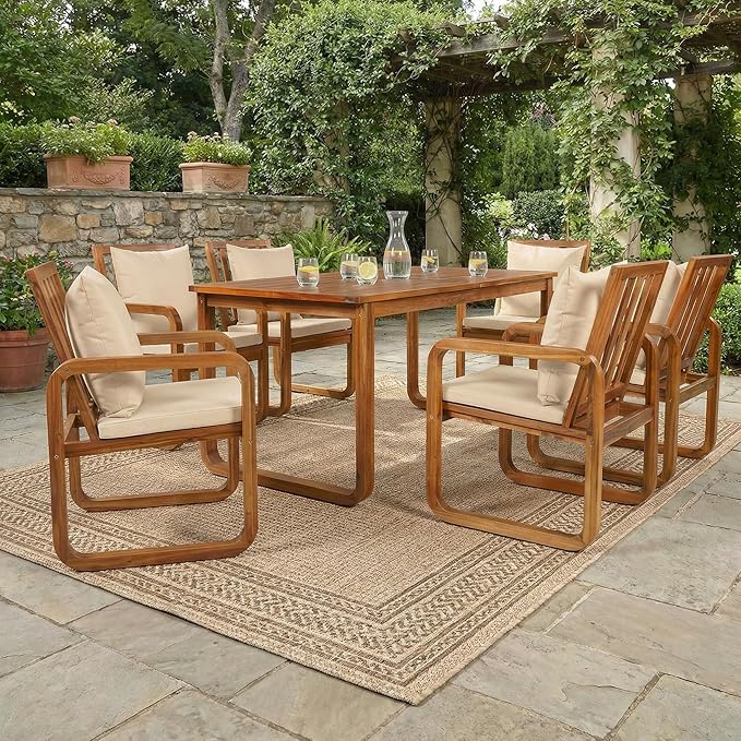 Merax 7 Pieces Patio Dining Set, Outdoor Acacia Wood Furniture for 6, with Table and Removable Cushioned Chairs for Backyard, Brown