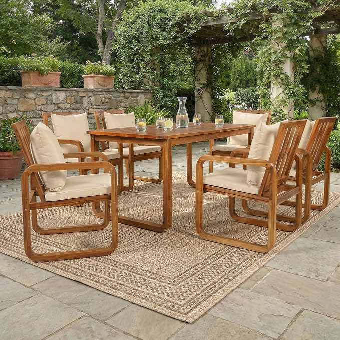 Merax 7-Piece Patio Dining Set, Outdoor Acacia Wood Dining Table and Chairs Set with Cushions for Backyard, Garden, Poolside, Brown