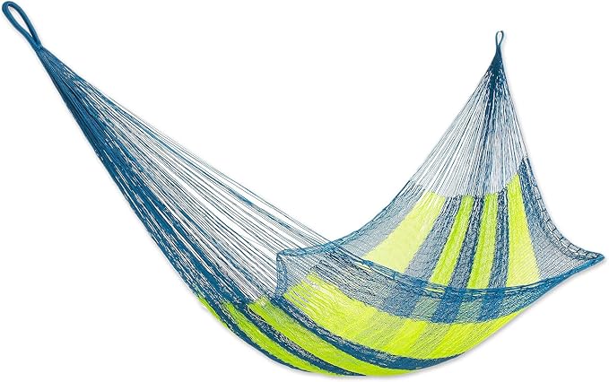 NOVICA Bright Yellow Teal Striped Hand Woven Nylon Mayan 1 Person Rope Hammock with Hanging Accessories, 'Neptune' (Single)