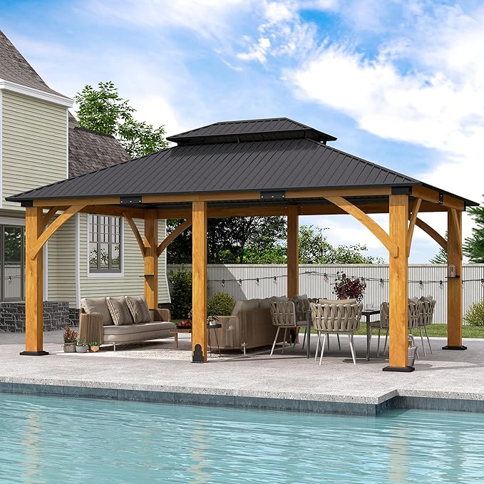 12' x 20' Upgraded Wood Gazebo, Spruce Wooden Gazebo with Double Galvanized Steel Roof, Outdoor Wooden Hardtop Gazebos for Deck, Backyard