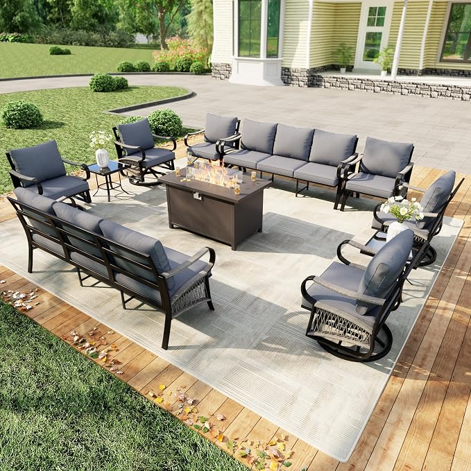 11 Pieces Patio Conversation Sets, All Weather Metal Outdoor Furniture Set 2 Three-Seater 2 Single Chairs 4 Swivel Rockers with 2 Side Tables and Fire Pit Table for Backyard Deck Porch, Gray