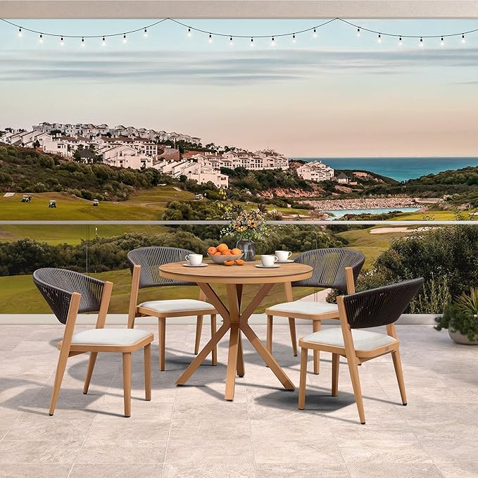 PURPLE LEAF 5 Pieces Round Dining Set Aluminum Frame and Wicker Rattan Patio Table and Chairs with Cushions for Garden Deck Outdoor Teak