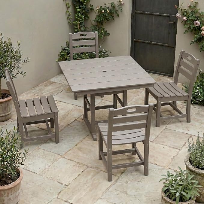 WILLIAMSPACE 37.8" Outdoor Patio Dining Set with 4 Armless Chairs, All Weather HDPE Square Dining Table with Umbrella Hole, Patio 5-Piece Bistro Set for Backyard, Balcony, Lawn, Kitchen (Brown)