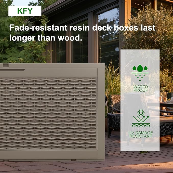 Resin Deck Box, Lockable Patio Outdoor Storage Box for Furniture, Garden Tools and Tools Storage, Waterproof Outside Storage Boxes (Grey, 100 Gallon)