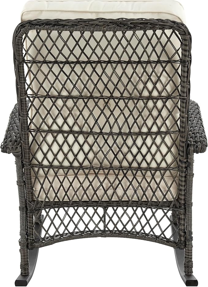 Manhattan Comfort Fruttuo Outdoor Rocking Chair with Removable Waterproof Cushions, Made of Steel Rattan, Weather-Resistant Patio Rocker with Curved Edge and Sturdy Steel Frame, Cream