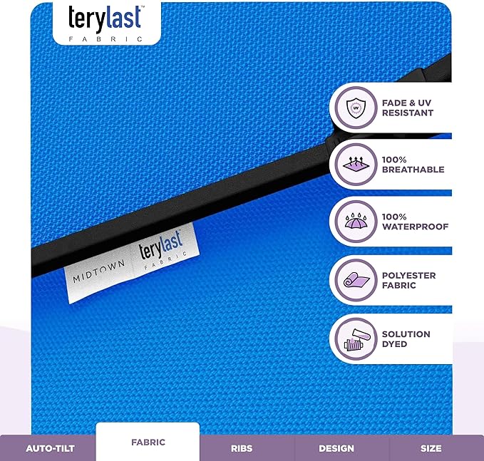 Midtown Umbrellas - 10-Year-No-Fade 10FT Patio Umbrella with Terylast Fabric, Auto-Tilt Aluminum Frame and 8 Reinforced Ribs for Deck, Pool, Garden & Beach - Cobalt Blue Canopy, Black Pole