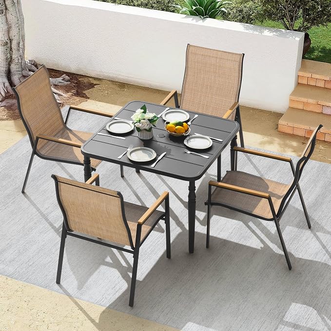 NUU GARDEN 5 Piece Outdoor Patio Dining Set for 4, Square Table with Umbrella Hole and 4 Stackable Textilene Chairs, Outdoor Furniture for Backyard Garden, Black and Khaki