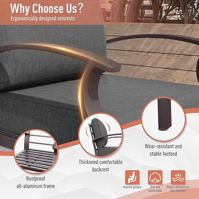 Kurapika Aluminum Patio Furniture Set Modern Outdoor Conversation Sets w/Swivel Rocking Chairs 7 Seats w/Swivel Chairs Black