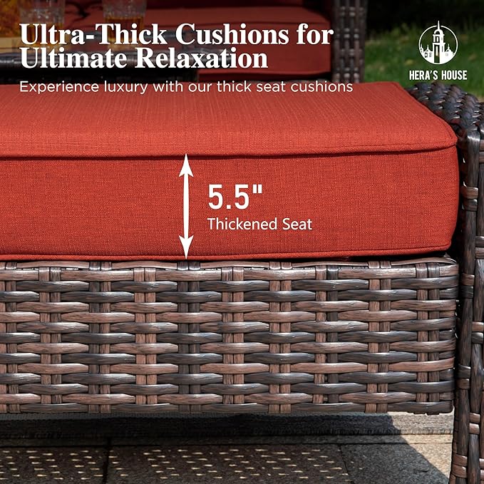 HERA'S HOUSE 3-Piece Outdoor Patio Furniture, High Back Swivel Chairs Set of 2 with Rattan Table, Brown Wicker Conversation Bistro Set with 5.5” Thick Cushion for Deck Porch Balcony Garden Lawn, Red