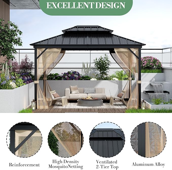 10' x 14' Hardtop Gazebo with Galvanized Steel Double Roof, Heavy Duty Outdoor Gazebo with Netting & Curtains for Patio, Backyard, Deck & Lawn