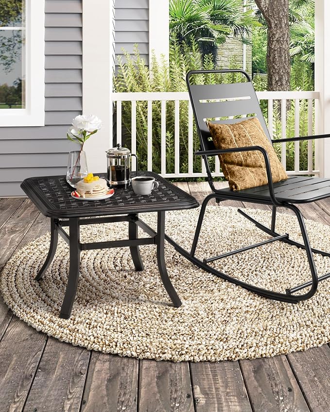 Crestlive Products Cast Aluminum Patio Side Table Outdoor Square Anti-Rust Small Table with Umbrella Hole, Coffee Bistro Table，Market Umbrella Table, 24’’x 24’’, Black with Bronze Spot