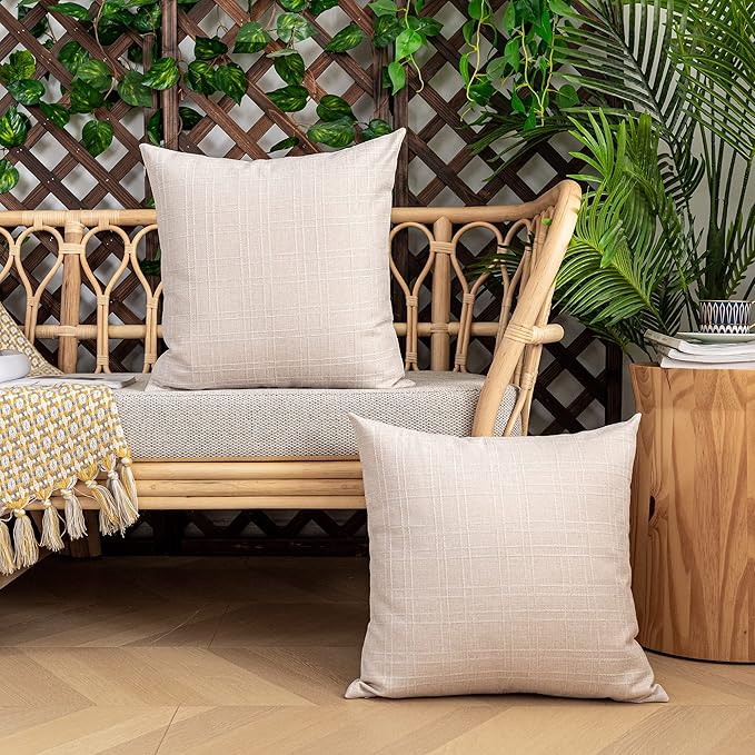Kevin Textile Outdoor Waterproof Pillow Covers Pack of 2 Checkered Decorative Euro Sham Cushion Throw Pillowcases Shell for Patio Tent Garden Couch Bed Sofa 26x26 Inch Light Beige
