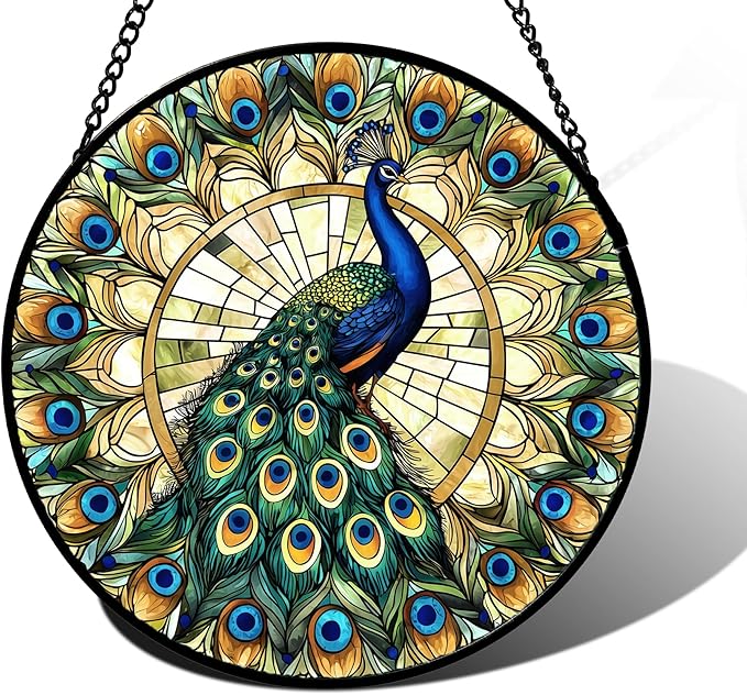 DASTOLL Stained Glass Window Hanging - Retro Peacock Decoration Suncatcher for Door Garden Home Bird Feather Sun Catchers Christmas Mother's Day Birthday Gifts for Women Men Mom Nana Friend 6.3 in