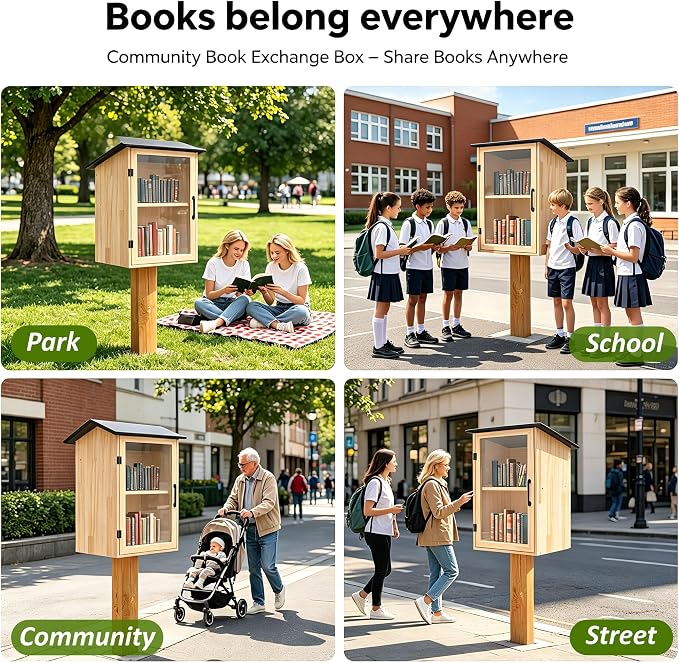 Little Outdoor Library Box, 2-Tier Waterproof Free Library Wooden Cabinet, 15.7 x 11 x 22.4 Inch Small Storage Box for DIY, Neighbourhoods, Communities and Kids to Share Books, Magazines, Artworks