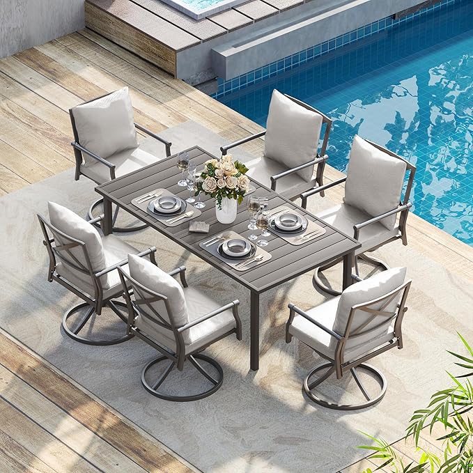 HAPPATIO Patio Dining Set, Metal Outdoor Table and Chairs Set for 6, Powder-Coated Swivel Rocking Chairs with Thickened Cushions, 60" Rectangular Table with 1.5" Umbrella Hole for Deck Backyard Lawn