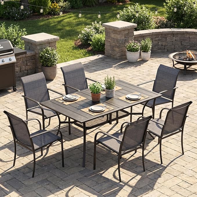 VICLLAX Patio Dining Set for 6, 7-piece Outdoor Dining Set - 59" Rectangle Patio Table and Chairs for Lawn Garden, Black Tabletop and Fabric
