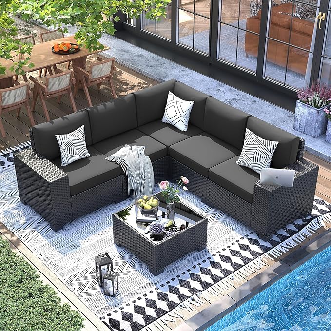 UDPATIO 6 Piece Patio Furniture Set, Outdoor Wicker Sectional Sofa with 8'' Wide Armrests, Modular Patio Conversation Set with Coffee Table for Backyard, Deck, Garden