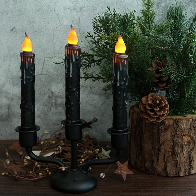 CVHOMEDECO. Real Wax Hand Dipped Battery Operated LED Timer Taper Candles Country Primitive Flameless Lights Décor, 6-3/4 Inch, Matt Black, 3 PCS in a Package