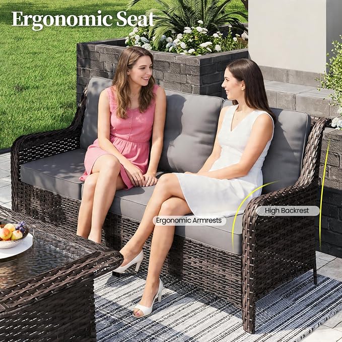 ALAULM 7 Pieces Patio Furniture Set,High Back Wicker Outdoor Sectional Furniture Set with Swivel Chairs & Coffee Table, Patio Conversation Set Thick Cushion for Backyard, Deck, Porch-Grey