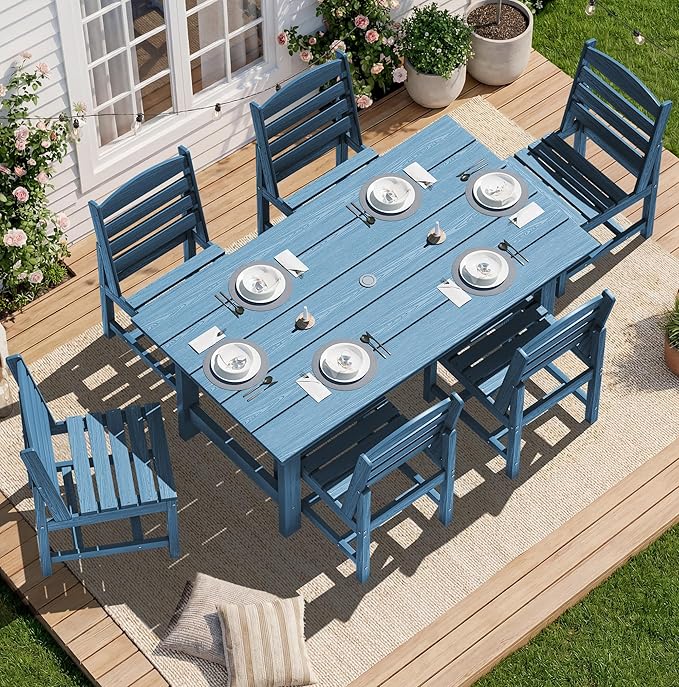 SERWALL Patio Dining Sets for 6 Person, HDPE Dining Set with 6 Armless Chairs, Blue