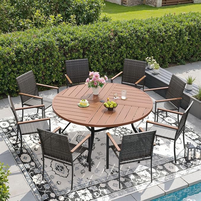 DIFY 9 Piece Patio Dining Set for 8, Wicker Stackable Patio Chairs & 53.1" Round Walnut Metal Dining Table with Umbrella Hole, All Weather Outdoor Table and Chairs Set for Deck Garden Backyard