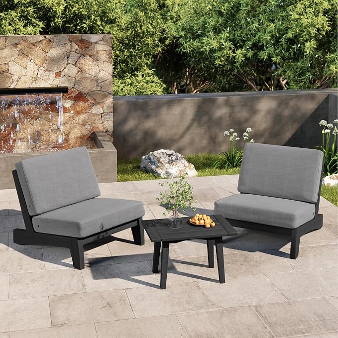 6 Piece Teak Outdoor Patio Frutnire Set, 7 Seater Patio Conversation Sets with Thick Cushions, Outdoor Sectional Furniture with Coffee Table - Gray