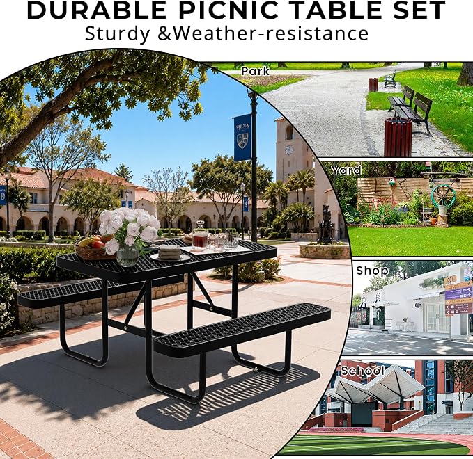 4FT Rectangular Steel Outdoor Picnic Table, Commercial Picnic Table Bench Set with Umbrella Hole, Weather-Resistant Heavy Duty School Dining Table for Stores, Park, Patio, Garden, Backyard, Black