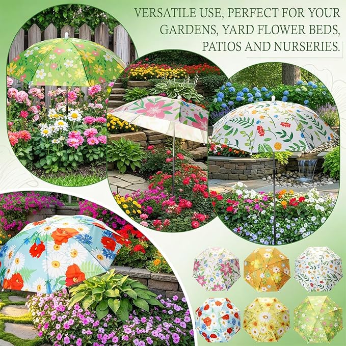 Hillban 6 Pack Plant Shade Umbrellas for Outdoor Plants 23.6" Large Garden Umbrella Shade for Potted Flower with Adjustable 40" H Sunshade Cover for Patio Garden Bed Flowers(Floral Pattern)