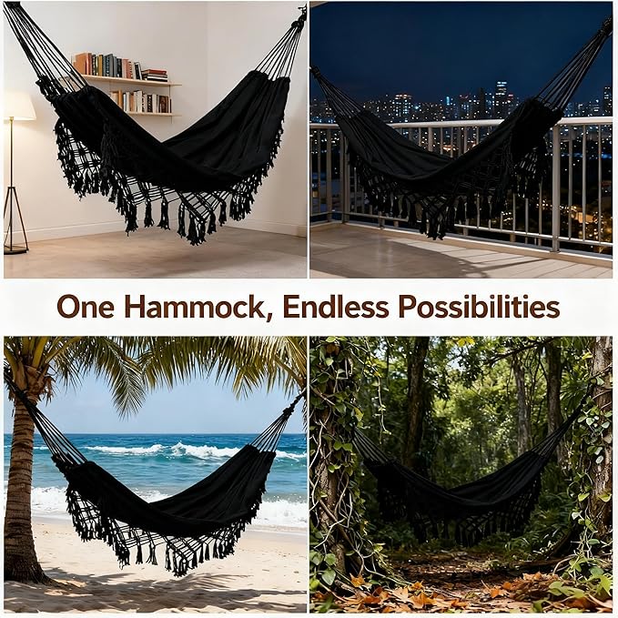 Goutime Double Hammock, Macrame Boho Cotton Hammock with Hanging Ropes, Portable for Camping Patio Backyard Indoor Outdoor,485LBS Capacity (Black)