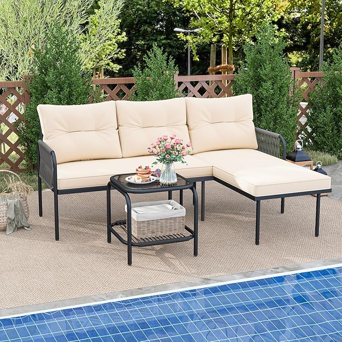 Tangkula 3-Piece L Shaped Patio Furniture Set, PE Rattan Sectional Sofas with Tempered Glass Table, Back and Seat Cushions, Outdoor Conversation Set for Porch, Backyard and Poolside