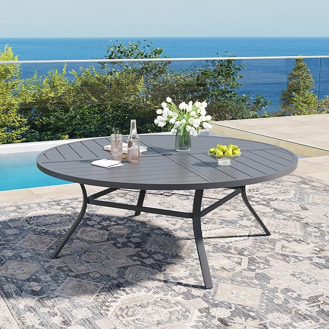 DIFY 9 Piece Outdoor Dining Set, Metal Patio Table and Chairs Set, 63" Round Dining Table & 8 Padded Textilene Swivel Patio Chairs, Outdoor Furniture Set for Garden Backyard Porch, Grey