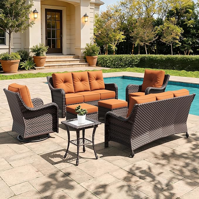 7 Pieces Outdoor Furniture Set with 6-inch Cushions, High Back Wicker Swivel Rocker Chairs with Coffee Table, Luxury Conversation Set for Deck Patio and Poolside