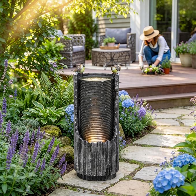 32" Rustic Cracked Jar Water Fountain Outdoor with LED Lights, Polyresin Freestanding Waterfall Feature, Tranquil Oasis for Garden, Patio, Yard, or Porch