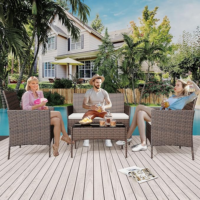 4 Piece Outdoor Patio Furniture Set,Wicker Rattan Conversation Set, Bistro Patio Set with 2 Chairs,Soft Cushion,Loveseat and 1 Glass Coffee Table for Backyard Porch Garden Poolside Balcony,Brown/Beige