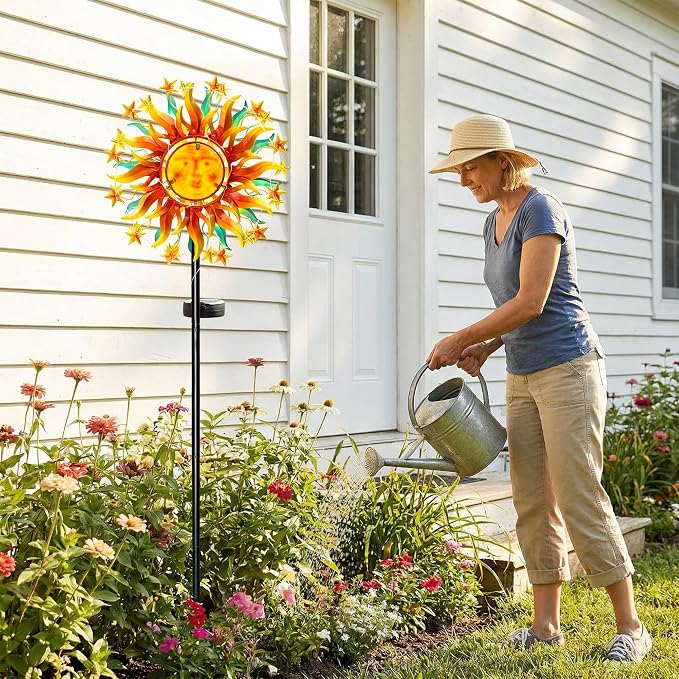 Solar Wind Spinners for Yard Garden - 60.3 Inch 360° Metal Sun Wind Sculptures Outdoor Clearance Kinetic Windmills with Vine String Shining LED Lights for Patio, Lawn Xmas Garden Decoration