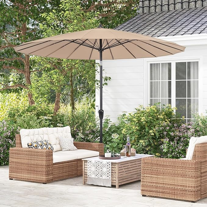 Tangkula 9FT Round Patio Umbrella, Outdoor Market Umbrella with 18 Fiberglass Ribs, Push Button Tilt, Crank, Fade-resistant Canopy & Ventilation, Aluminum Table Umbrella for Backyard, Pool (Tan)