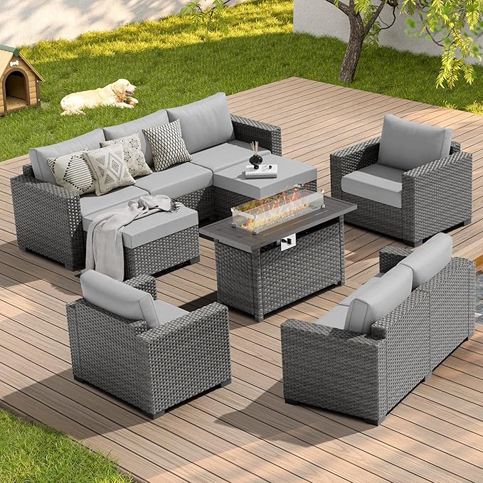 ABCASA 10-Piece Patio Furniture Set with Fire Pit Table | Indoor Comfort for Outdoor Living | Weather-Resistant Wicker & Ultra-Thick Cushions | Grey Patio Conversation Set for Deck, Porch, Poolside