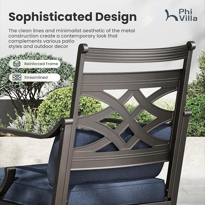 PHI VILLA Patio Dining Set, Swivel Chairs, Metal Table | Metal chairs, Blue Cushion, Umbrella Hole, Cushions, E-coated