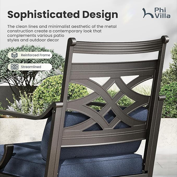 PHI VILLA Patio Dining Set, Swivel Chairs, Round Metal Table | Metal chairs, Blue, Umbrella Hole, Cushions, E-coated