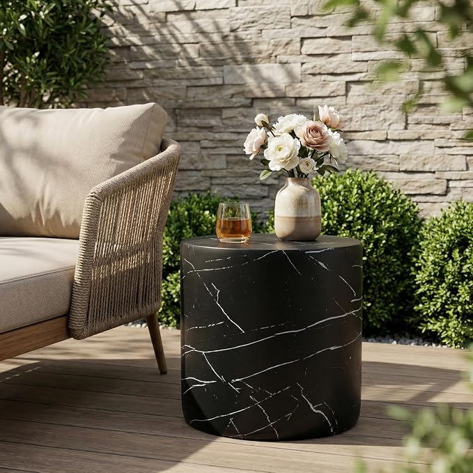 Outdoor Side Table Faux Marble End Table Travertine End Tables Concrete Side Tables Faux Stone Small Coffee Tables for Patio, Garden Stool Plant Stand for Porch Backyard, 15.5"*16"Cylindrical Black