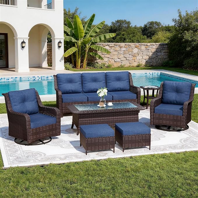 7-Piece Patio Furniture Set,Outdoor Conversation Sets w/Glass Table&High Back Wicker Swivel Rocker Chairs,All-Weather Wicker Sectional Sofa for Deck,Yard and Poolside,Navy Blue