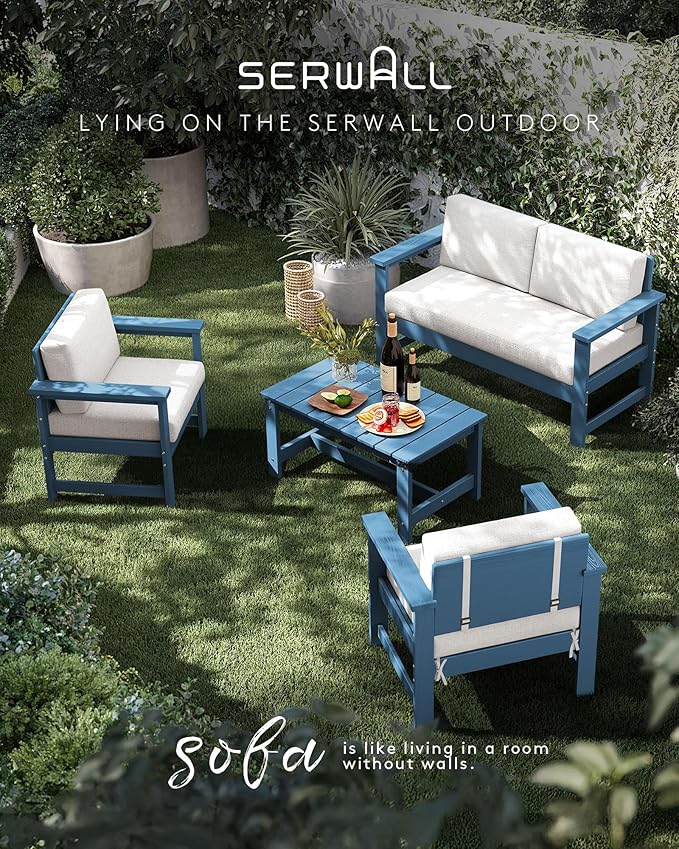 SERWALL 5 Pieces HDPE Outdoor Sofa Set with Cushions, All Weather Use Patio Conversation Couch Loveseat Furniture with Coffee Table for Balcony, Deck, Poolside, Blue Frame with Khaki Cushions